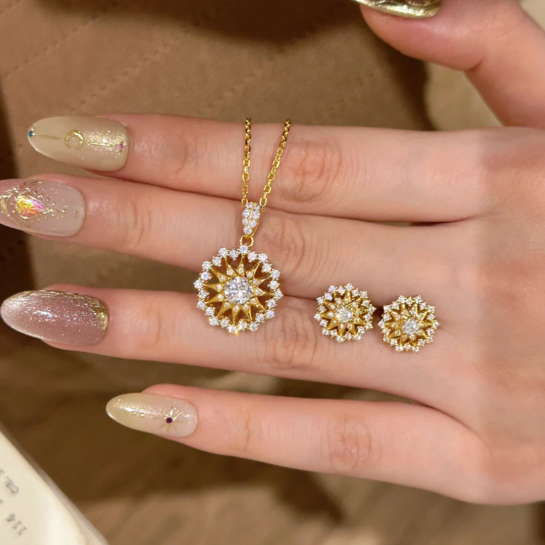 Retro Diamonds Sun Asterism Pendant Compass Earings Set