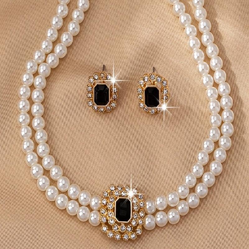 Stylish Elegant Double Row Pearl Square Diamond-studded Necklace Earings Set