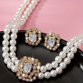 Stylish Elegant Double Row Pearl Square Diamond-studded Necklace Earings Set