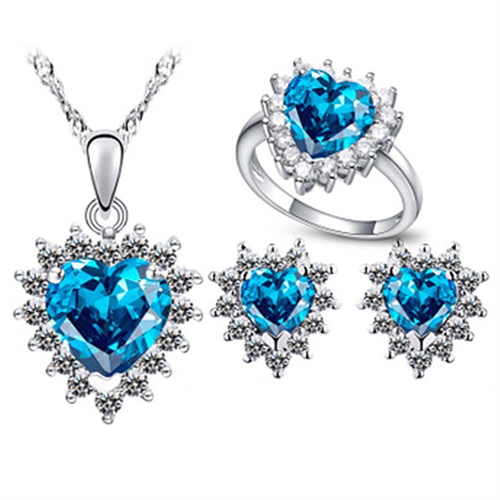 Micro Inlaid Zircon Heart Of The Ocean Necklace Ring Earings Set