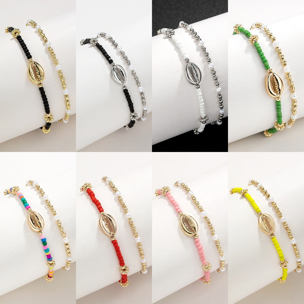 Shell Pearl Rice Bead Elastic Foot Chain Two Piece Set