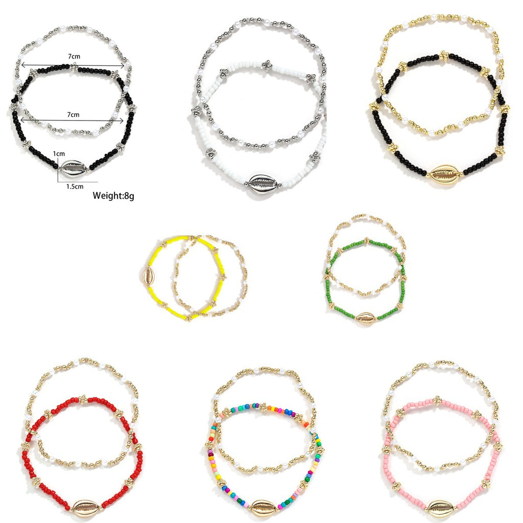 Shell Pearl Rice Bead Elastic Foot Chain Two Piece Set