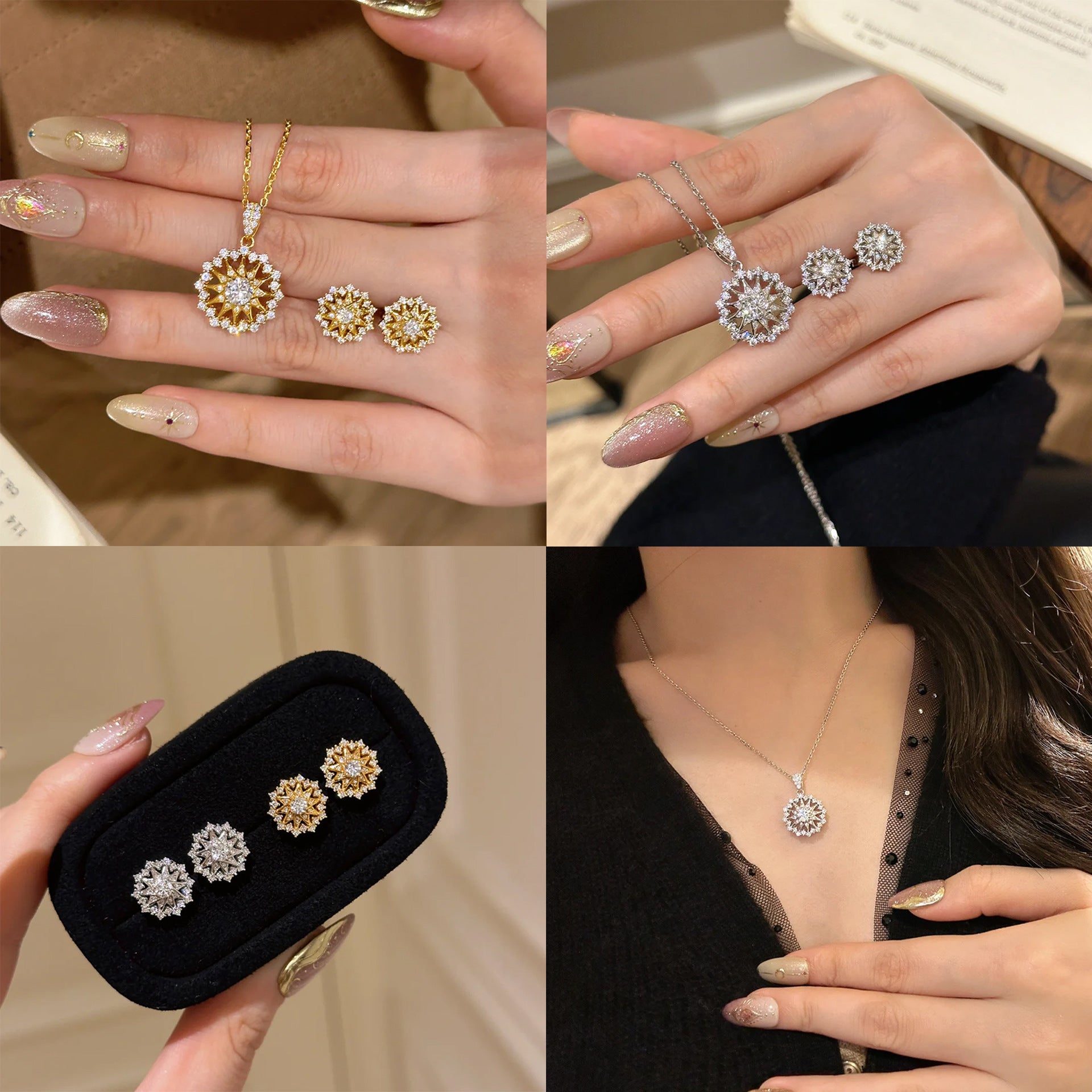 Retro Diamonds Sun Asterism Pendant Compass Earings Set